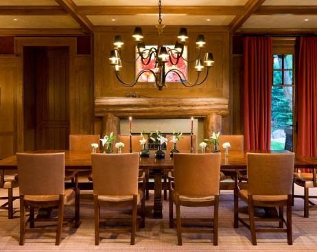 The Rocky Mountain flavor of this Colorado home was inspired by America's great national park lodges. At heart a hard-working ski-house, the house features rough hewn materials that give way to more refined milled paneling in the formal dining room. 
Project:
Colorado Mountain Home; 
Architect: Shope Reno Wharton, South Norwalk, Conn.; 
Builder: Hansen Construction, Aspen, Colo.