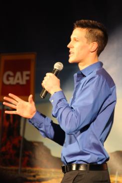 Jake Lewendal took to a stage at the 2013 International Builders' Show in las Vegas to tell his tale of building a home from all-American parts and to appeal to other builders to do the same to help create more jobs in the United States.