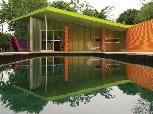 Annual Design Review 2010 – Live: Citation Architect: Stamberg Aferiat Architecture, New York; Construction Manager: deVries and Wallace Stamberg Aferiat Architecture conceived of a fanciful retreat into a 1,100-square-foot quasi-Cubist crayon box for the most demanding of clients: themselves. This pool house on Shelter Island, N.Y., was intended to reference Mies van der Rohe’s Barcelona Pavilion, in a tongue-and-cheek sort of way.