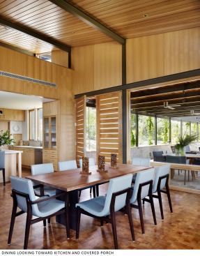 The wood flooring in the main living area and kitchen is locally harvested end-grain mesquite, finished with a low-VOC water-based sealant.