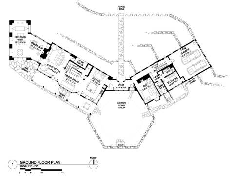 The ground floor plan shows a series of linked pavilions. 