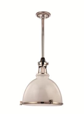 The Massena pendant is Hudson Valley Lighting’s contemporary update to a classic fixture.  Available in two sizes, the light features a metal shade and a metal frame, with a round ceiling canopy. Pendants can be specified in old bronze, polished nickel, satin nickel, and white glass with polished nickel accents. 
www.hudsonvalleylighting.com.