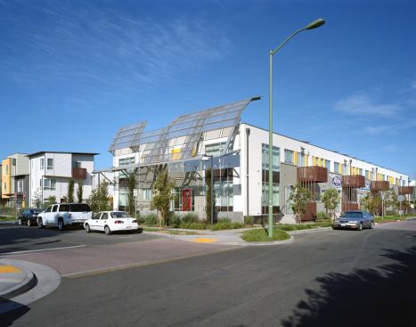 This supporting housing with an on-site clinic at Tassafaronga Village is an adaptive reuse of an abandoned pasta factory. Ninety-three percent of the original building was reused and 94 percent of the construction waste was diverted from landfill.