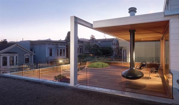 Partially roofed and sporting a suspended fireplace, the roof deck can handle a range of weather conditions.   residential architect, June 2008  Second Take  Beaver Street Reprise, San Francisco  Steely Architecture, San Francisco