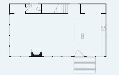The entryway and service areas create visual and acoustical privacy on the street side and are shielded by the roof, which drops lower on that side of the house from its centerline.
