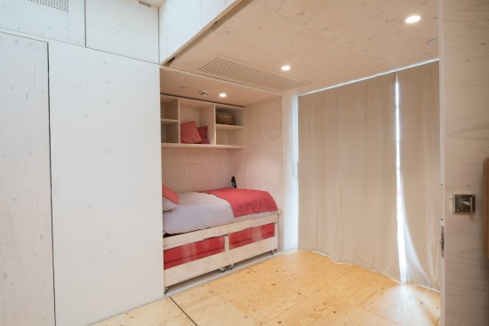 October 3, 2017 the Swiss École Polytechnique Fédérale de Lausanne, School of Engineering and Architecture Fribourg, Geneva University of Art and Design and University of Fribourg team presents their “NeighborHub” house, designed to be multi-purpose at 61st and Pena Station, Denver, Colorado. Interior:   (Dennis Schroeder/US Department of Energy Solar Decathlon)