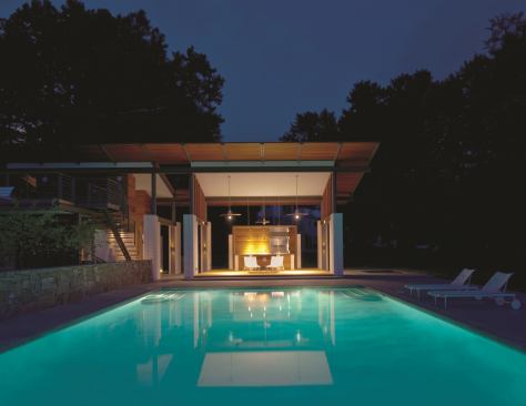 When a new pool house/guest residence was commissioned for this property, the existing pool and stone wall provided the design’s starting point. The wall now provides the dividing line between the structure’s open-air public spaces and its conditioned private areas. Project: Rappahannock Bend Summer House, King George, Va.; Builder: Bonitt Builders, Alexandria, Va.; Architect: McInturff Architects, Bethesda, Md.