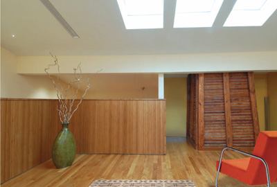 Ray opened up the attic space to create an office and inserted a skylight in the cone-shaped ceiling. Instead of replacing everything wholesale, he sought “to contrast the rusticated materials with refined finishes.”