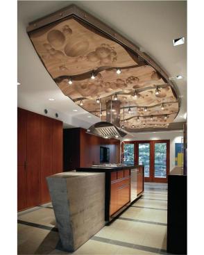 The+cooking+side+of+the+island+is+straight%2c+while+the+opposite+side+is+curved%2c+allowing+for+maximum+wheelchair+mobility+within+a+narrow+galley+footprint.+Above+the+island+is+a+maple+ceiling+panel+whose+design+was+inspired+by+boiilng+water.