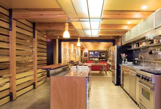 The space is warmed by natural materials chosen for aesthetic as well as environmental cachet: fast-growth poplar and virola woods, recyclable stainless steel, and concrete.