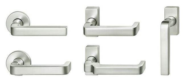 FSB  Designed by architect David Chipperfield, the 1004 door lever can be ordered in cast aluminum, stainless steel, or solid cast bronze with a living finish that will age well over time. 
www.fsbna.com.