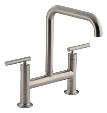 Kohler’s Purist bridge kitchen faucet is rooted in historic design, but the company has updated the unit with contemporary lines. The deck-mount faucet features a high-arc 10-inch spout and ceramic disk valves. It comes in four finishes. 
www.us.kohler.com.