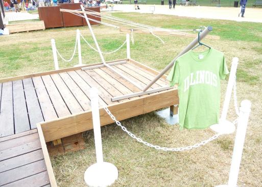 A T-shirt hangs to dry on a clothesline on the Gable House’s deck, which is made from wood salvaged from a demolished grain silo.
