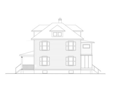 The right elevation of the house faces west, and is very close to the street.