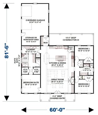 1 story barndominium main floor plan. See more details at Houseplans.com.