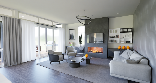 Modern one-story house plan, living room. See details at Houseplans.com.