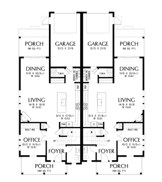 Farmhouse duplex house plan with garage, main level. See details at Houseplans.