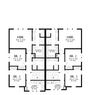 Farmhouse duplex house plan with garage, upper level. See details at Houseplans.