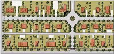 To create a neighborhood feel, architect Jeff Bone and project architect Jack Schroeder stipulated rear service alleys and parking. This move eliminated the need for front curb cuts and created pedestrian-friendly sidewalks unbroken by cars. They then designed a series of small houses—single-family, duplexes, town-houses, and four-plexes—that are marked by simple forms and a lively color palette.