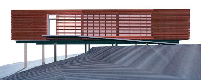 (Tied for 2006 Project of the Year) By cantilevering Modular 1 over a slope and siding it with carefully spaced strips of FSC-certified massaranduba, architect Dan Rockhill and his students gave the house a light presence on the land. For more information on this project, 
click here.