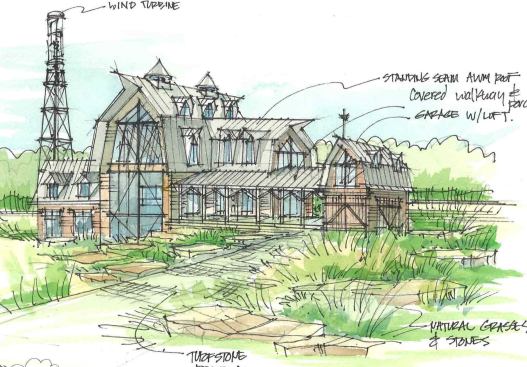 A concept barn sketch shows how on-site energy sources, such as this wind-turbine, might play into the development.