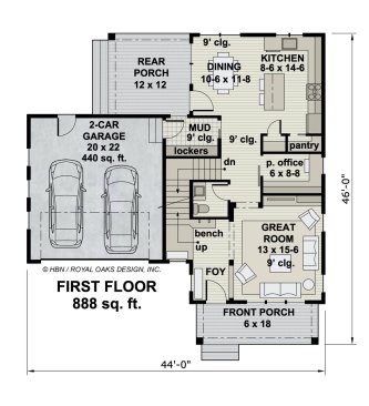 44' x 46' Modern Farmhouse Plan with Front-Facing Garage, Main Floor Plan. See Details at Houseplans.com.