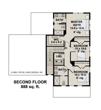 44' x 46' Modern Farmhouse Plan with Front-Facing Garage, Upper Floor Plan. See Details at Houseplans.com.