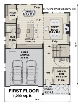 Move-up farmhouse plan for a narrow lot; main level. See details at Houseplans.com.