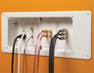 Because wallmounted televisions are ubiquitous these days, the manufacturer created the TV Box, a recessed, two-gang electrical unit that provides space for plugs. Measuring 13 inches wide, the non-metallic box mounts between studs and will accept two low-voltage devices or a low-voltage device and a power receptacle. The trim plate is paintable. Arlington Industries. 800-233-4717. www.aififittings.com.