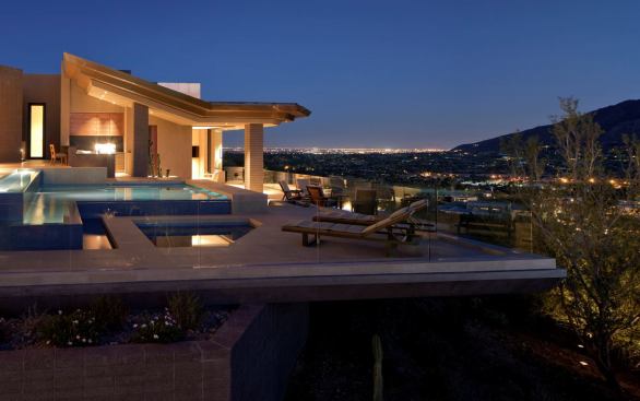 At this mountainside home, a terraced pool looks out onto panoramic views of Phoenix. Project: Copper Sky, Phoenix; Builder: Linthicum Corp., Phoenix; Architect Swaback Partners, Scottsdale, Ariz.