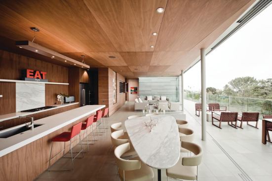 Residential Architect March-April 2013  Case Study: Kafka Residence, La Jolla, Calif.   Architect Safdie Rabines Architects, San Diego; General contractor: Beacham Construction, La Jolla; Project size: 300 square feet; Construction cost: Withheld.   At the Kafka Residence by Safdie Rabines Architects, living, dining, and kitchen areas share a single, open space that merges with an elevated deck.