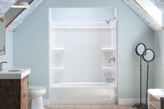 The Ensemble Medley tub/shower uses a specially designed Dry-Block seal and channeled water containment system to prevent leaks. Made of the firm’s stain- and scratch-resistant, lightweight Vikrell material, the modular panels have tongue-and-groove interlocking joints that create a seamless look and watertight finish. www.sterlingplumbing.com.