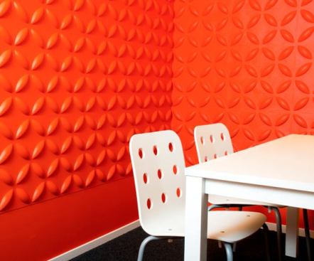 If wood wall panels are too conventional for you, try Architectural Systems’ Eco-Dimensions three-dimension panels made from pressed bamboo pulp. Measuring 18 inches by 18 inches, the lightweight panels can be installed with regular adhesive and can be painted any color. Six silhouettes are available. 
www.archsystems.com.
