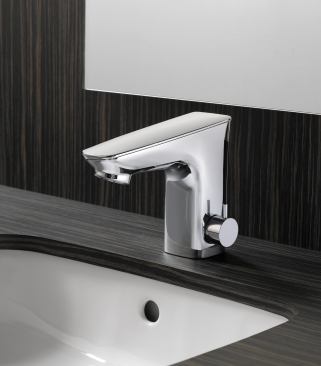 Toto USA  The EcoPower faucet uses the kinetic energy of flowing water to power its electronics. This Integrated model now features temperature and operational controls above the counter for easy use. Moreover, components are incorporated into the unit itself. 
www.totousa.com.