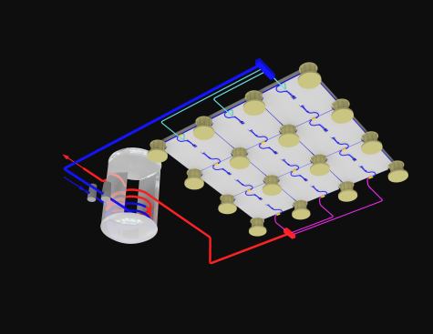 The rows send and return energy in manifolds, forming arrays.