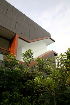 The architects designed a circulation/art display form that is framed in ipe
