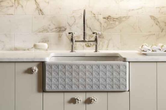 Fine Farmhouse  New Orleans design often calls for a French Country aesthetic. Try an apron-front sink like Kohler's Alcott featuring the Cursive design for a touch of geometric texture highlighted by a glaze effect. Alcott apron-front sinks are made from durable fireclay, and come in undercounter or tile-in styles. 
Kohler | 800.456.4537 | kohler.com