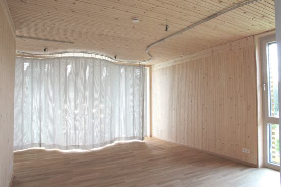 The curtains as easily movable room dividers - position 1.