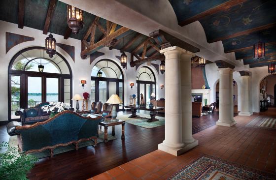 Grand, Custom Home 12,000 square feet and over. Builder: Sterling Bay Homes. Architect: Dahlin Group Architecture Planning. Overlooking Lake Thonotosassa east of Tampa, Fla., the hacienda-style Misiõn Lago has hand-scrapped trusses made from Ponderosa pine timbers, a hand-painted rolling vault ceiling and hand-crafted tile mimicking the appearance of rugs.
