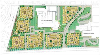 Meanwhile, the site plan exploits a significant grade change, carving two levels of underground parking into the parcel's sloping terrain. Along the project's southwest edge, where the entrances to two podium garages sit at grade, the building mass is downscaled, and rows of two- and three-story townhomes create an enclosure for the podium courtyards.