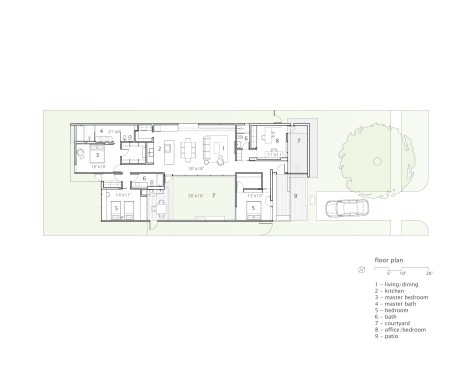 The home is built around a courtyard, so inside-outside connections are at the heart of the plan. The master bath reinforces the inside-outside idea. 