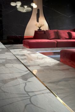 The Natura Collection takes natural stone in a unique direction with patterns that evoke nature, the plant kingdom, and a wealth of exotic or native woods in elegant geometric, leaf and plant motif surface decorations that are perfect for floors or walls. The Italian manufacturer’s exclusive process etches patterns and colors onto the stone. Shown here is the Magnolia Design.