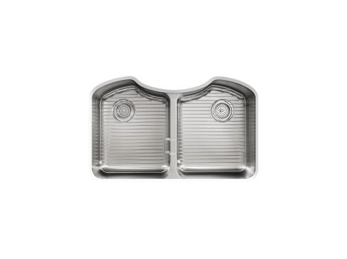 Kohler Octave is a new line of sinks that feature unconventionally shaped basins. Each unit is made from 18-gauge stainless steel and features SilentShield sound deadening technology to reduce noise. The sinks measure 9 inches deep and come with optional accessories such as basin racks and sponge caddy. 
http://www.kohler.com/.