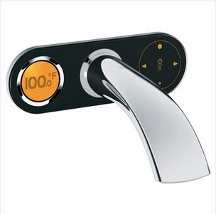 Part of Grohe America’s Ondus family, this wall-mount vessel faucet has digital temperature control, digital water flow control, start and pause control, and a programmable automatic safety shut-off. It features a 7-inch spout, uses a 6-volt lithium battery, and comes in chrome, white, and black. 
www.grohe.com.