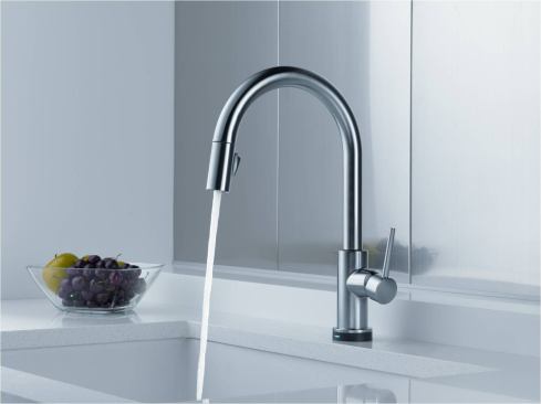 While not strictly a touchless faucet, Delta’s Trinsic features optional Touch2O technology that allows homeowners to start and stop the flow of water with a simple tap anywhere on the faucet spout or handle. It uses diamond-coated ceramic valves and comes in three finishes. 
www.deltafaucet.com.