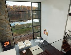 A vertical glass slot borders the chimney, letting extra daylight into the space.