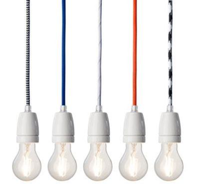 NUD Collection These playful light fixtures will do wonders for your interiors. Priced at about $50, the NUD Collection pendants feature a colorful cord and exposed socket. You can order the cords in eight colors. 
www.nudcollection.com.