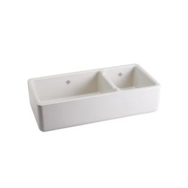 Shaws Original fireclay apron sink calls to mind Midwest farmhouses and barns. The 1 1/2-bowl-unit measures 39 1/2 inches wide and 18 1/2 inches from front to back. It comes in white and biscuit. 
www.rohlhome.com.