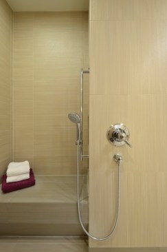 The shower fixture controls are accessible from wheelchair height. 