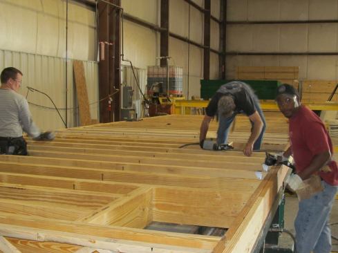 Modular construction starts with the assembly of a solid or open-joist floor. “We don’t move the floor until it’s square,” says Jack Giezinski, who is currently running Mod-U-Kraf for Innovative Building Systems.